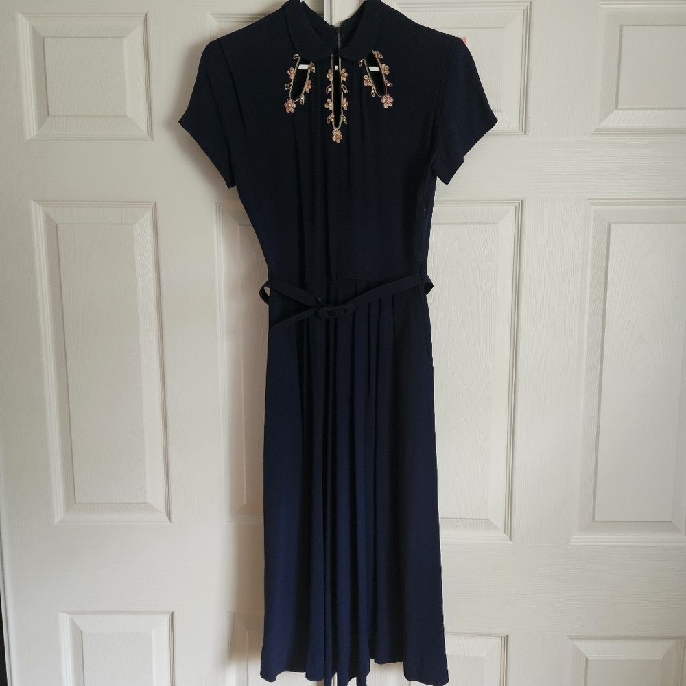Navy Asymmetrical Dress with Floral Embroidery